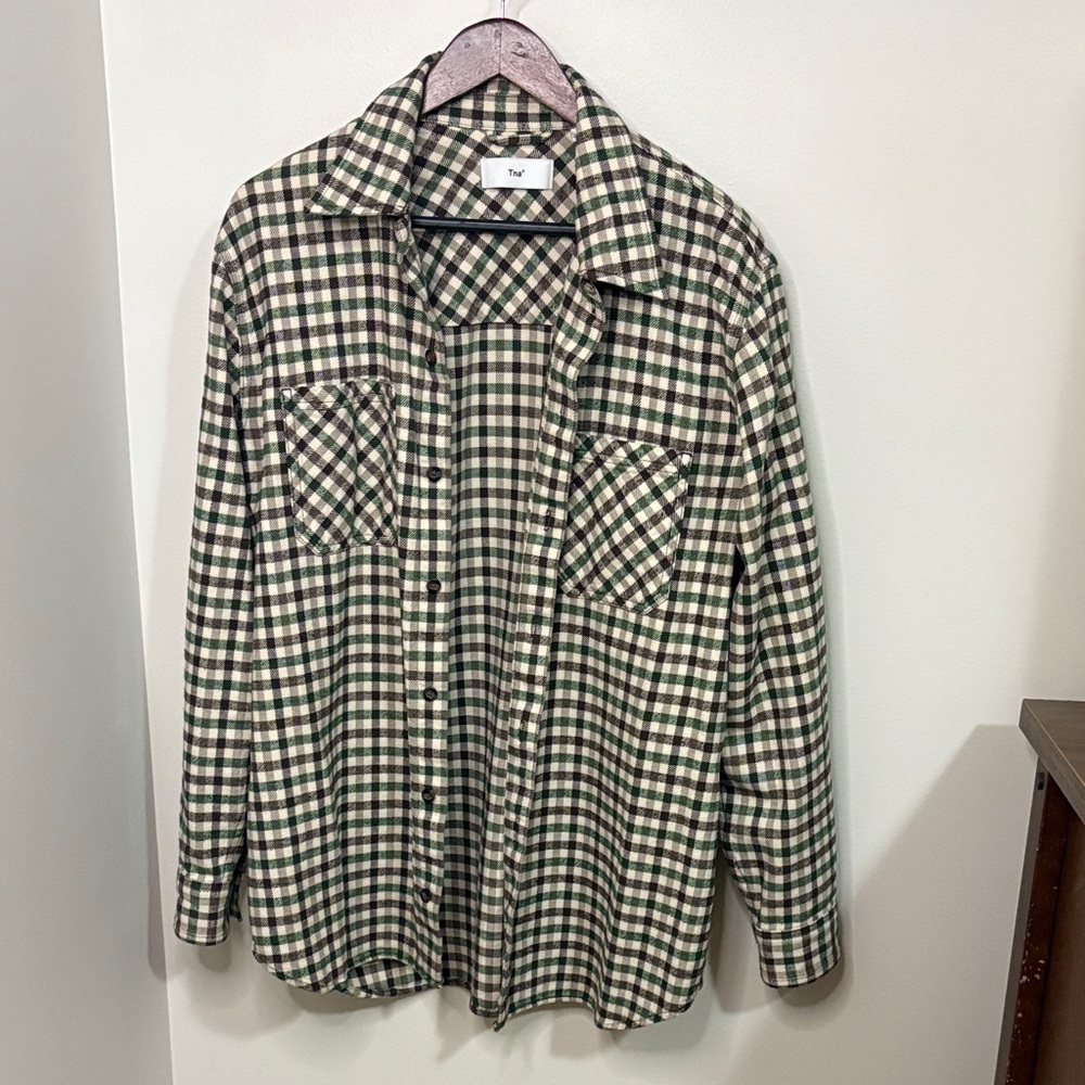 TNA Women's Checkered Button Down Shirt - Green and Beige